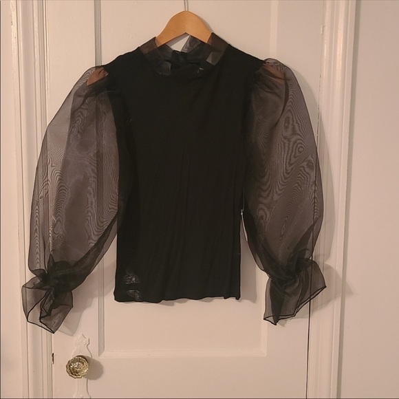 Organza Puff Sleeve Front Tie Top - Picture 3 of 4
